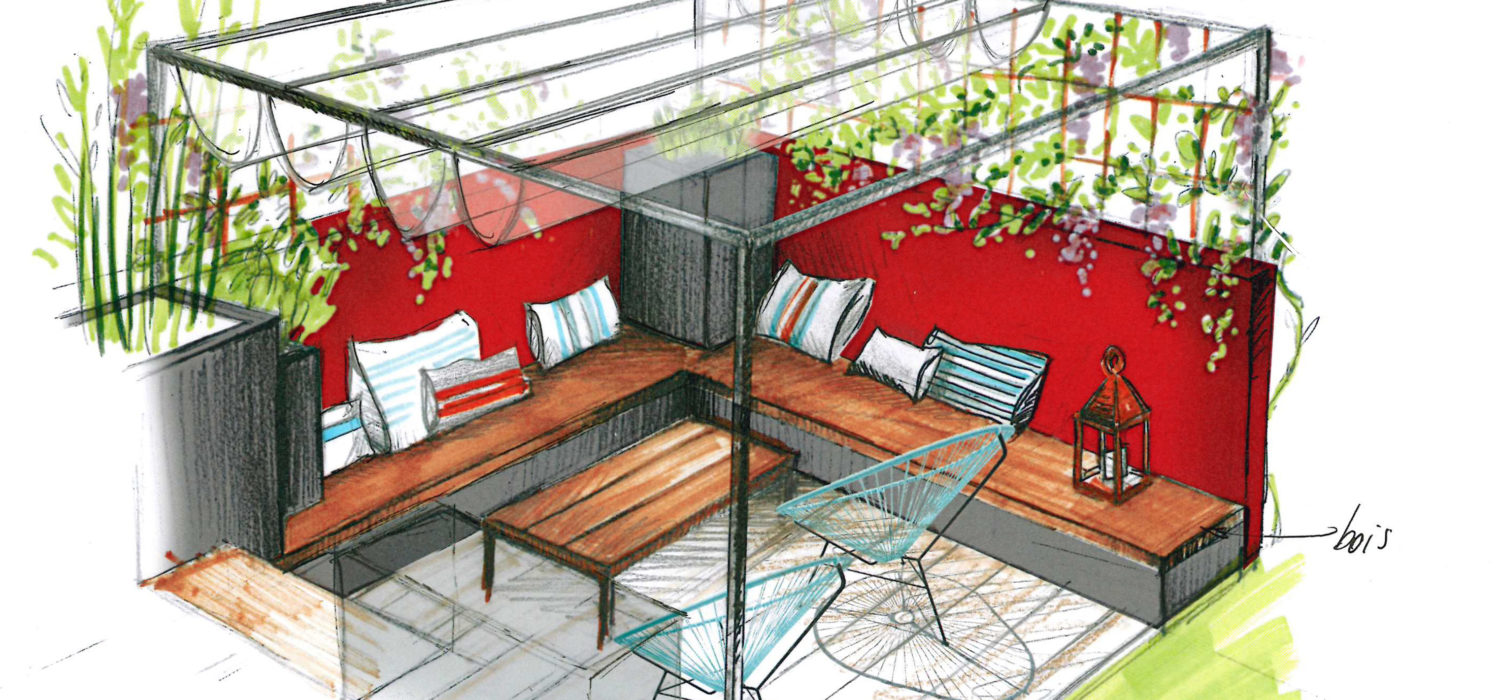 salon pergola mur rouge assise bois