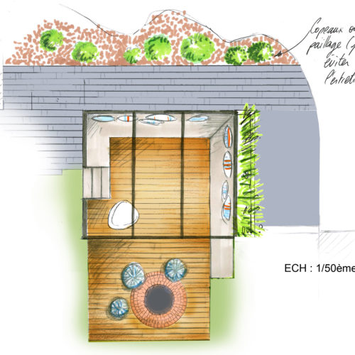 vue en plan salon pergola métallique et brasero